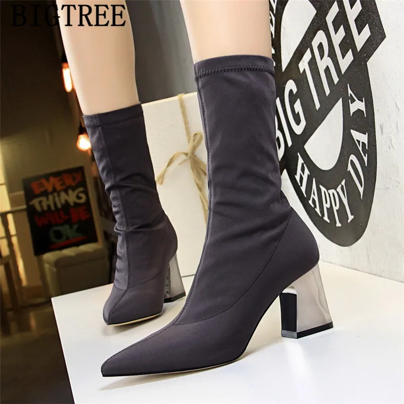 Bigtree обувь сапоги на высоком каблуке Женская с острым носком женские ботильоны