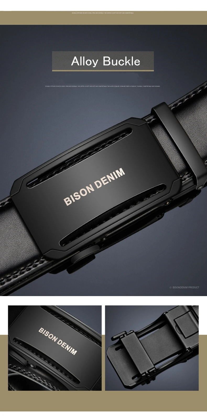 BISON DENIM Genuine Leather Male Belt Black Luxury Strap Belts for Men Cowskin Classic Fashion Pin Buckle men belt N71391