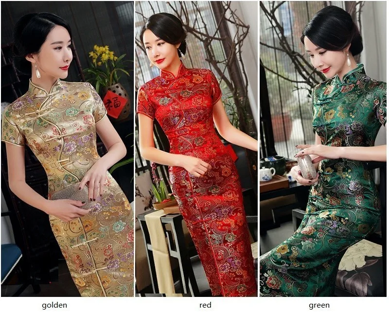 SHENG COCO золотой парчи Qipao китайские платья узор Лето Атлас Qipao наклона пряжки длинные модератор одежда зеленый XXXL