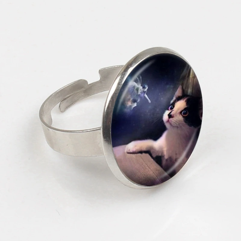 Cute Grey Fairy Cat Photo Ring Angel Wing Kitten Jewelry Animal Sweater Glass Dome Jewellery | Украшения и аксессуары