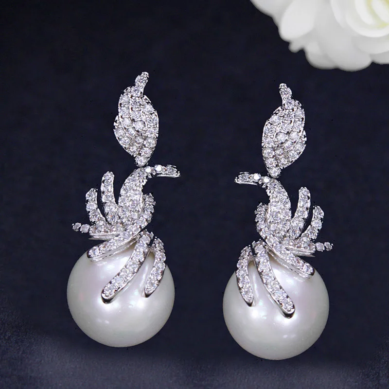 BlingZircons новые серебряные Цвет кубического циркония инкрустированный камнями мода, белый жемчуг серьги падение серьги для Для женщин подарок E169
