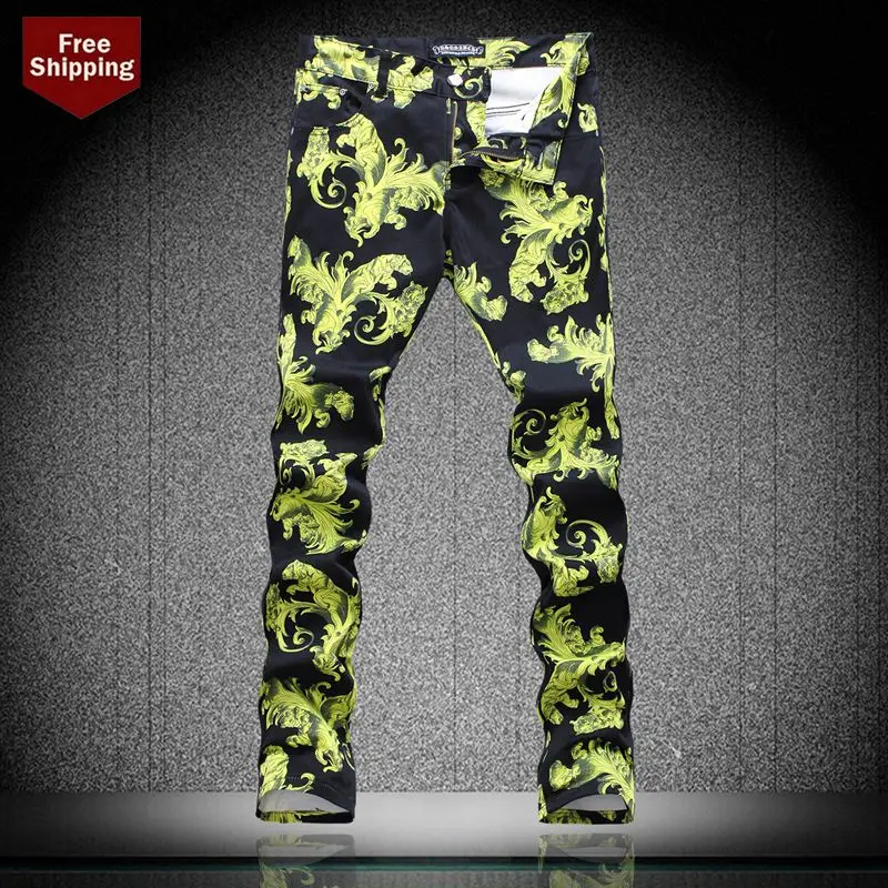 Colored drawing jeans black tiger print 