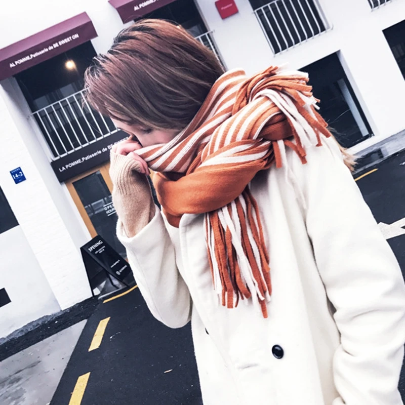 Tassels Hem Warm Winter Scarf Women Imitation Cashmere Striped Long Luxury Brand Shawls and Wraps Foulard Echarpe | Аксессуары для