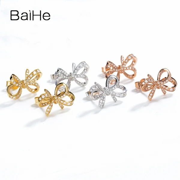 BAIHE Твердые 14 к желтое золото 0.32ct H/SI натуральные бриллианты свадебные женские модные ювелирные украшения красивый бант серьги-гвоздики с бриллиантами
