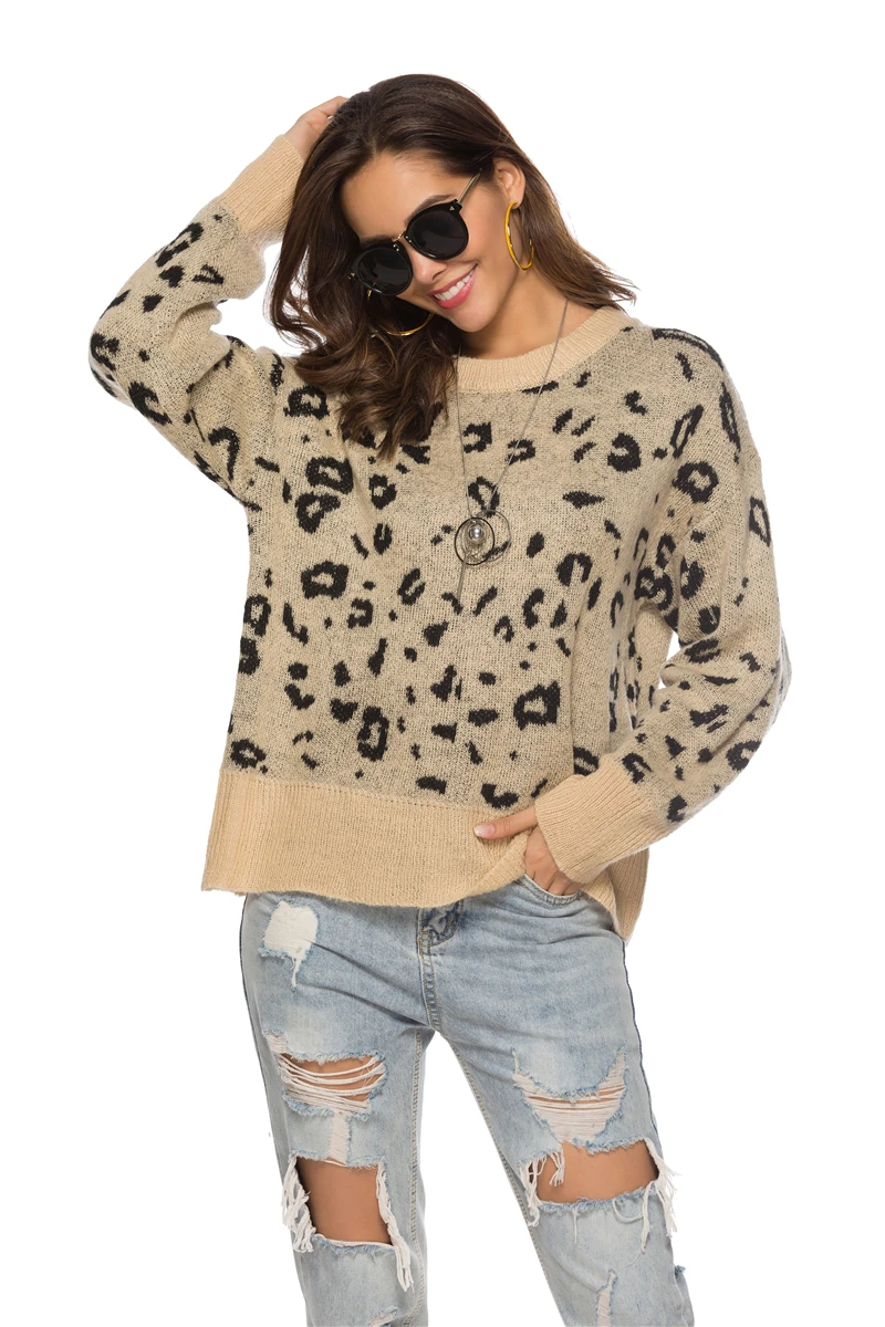 Leopard knitted Sweater Women Autumn Winter Fashion Female Clothing Print Flower O-Neck Outerwear Elegant Trench Overcoats | Женская