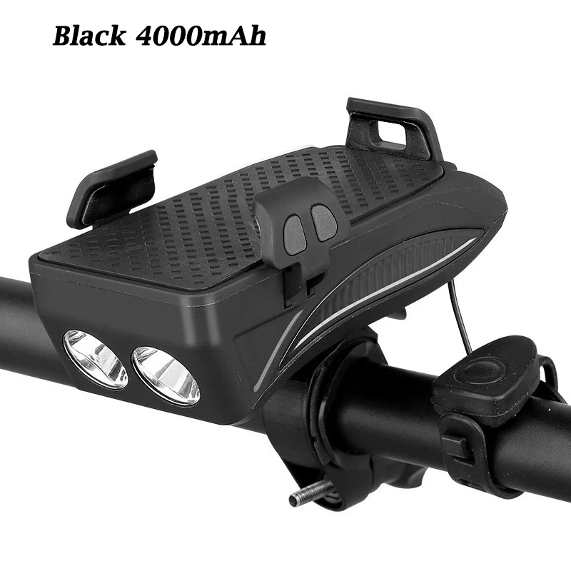 Black 4000mAh Многофункциональная Передняя велосипедная лампа, USB велосипедный светильник, встроенный аккумулятор 2000 мАч/4000 мАч с держателем для телефона+ велосипедный рожок - Цвет: Black 4000mAh