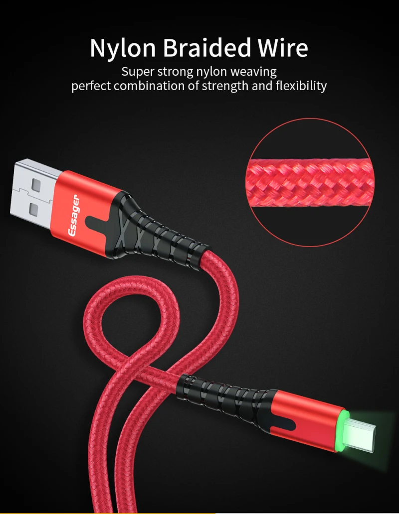 0,5/1/2 M кабель usbc Essager светодиодный Тип usb C быстрый заряд кабеля провод шнур для Xiaomi samsung Oneplus 7 Pro чехол для телефона USB-C Зарядное устройство