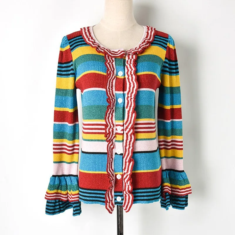 2019 Autumn New ruffles thin sweater single breasted striped cardigans long sleeve lurex knitted coat casual slim C-228 |