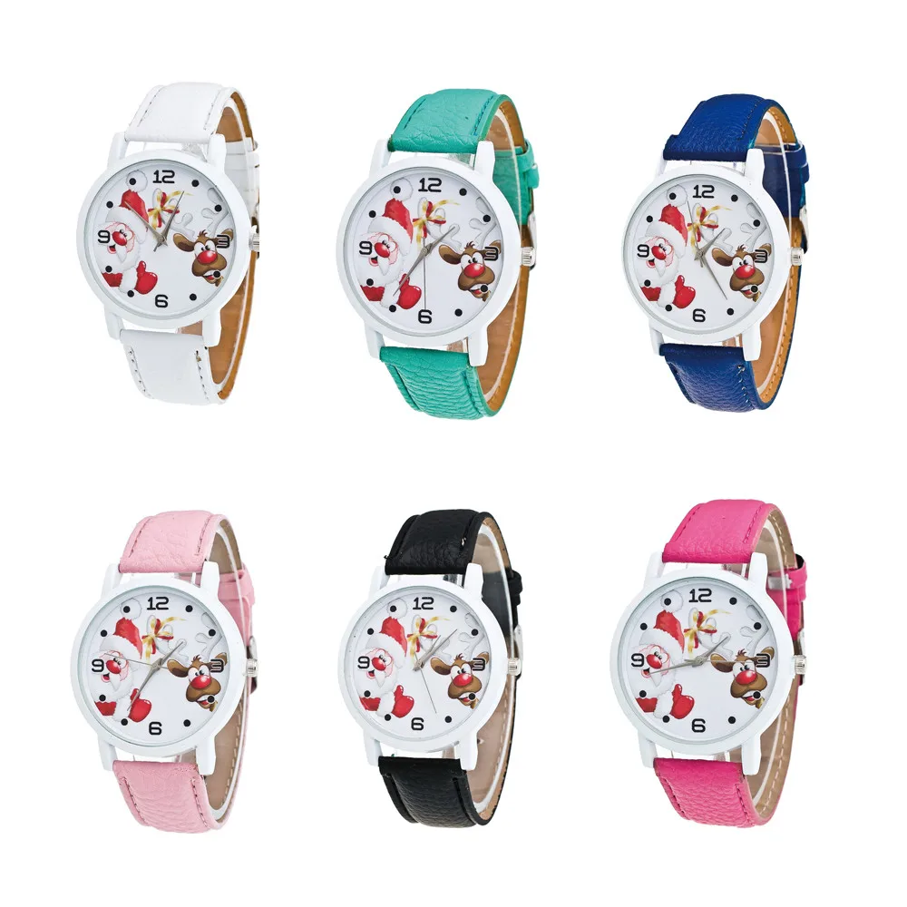 Relojes Mujer Рождественский подарок женские стеклянные зеркальные часы Санта Клаус Олень узор Кожаный ремешок женские часы Montre Femme