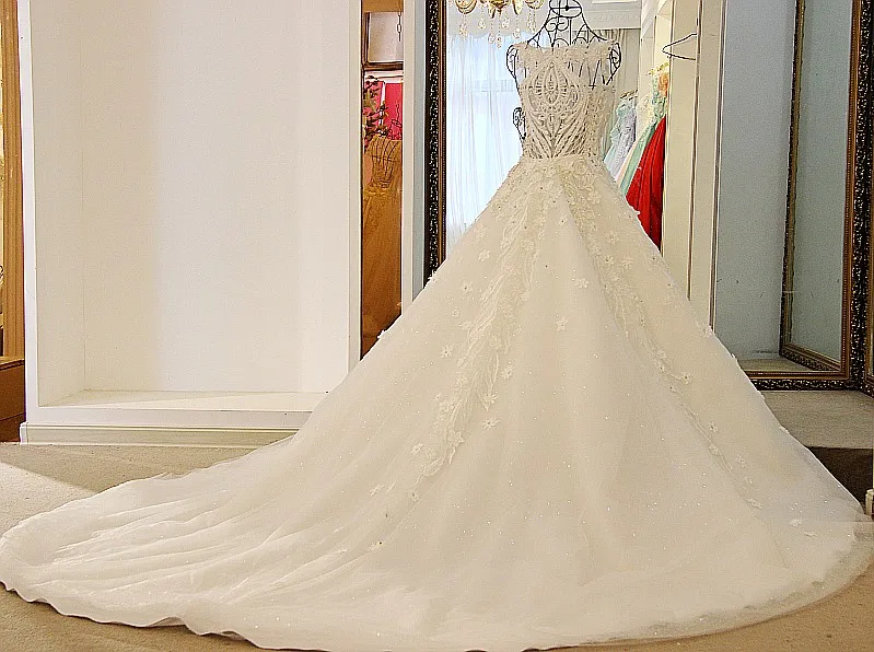 LS88702 Vestidos De Novia Beaded Crystal Wedding Dresses See through Gown Bridal Long Tail Robe Mariage 2016 | Свадьбы и торжества