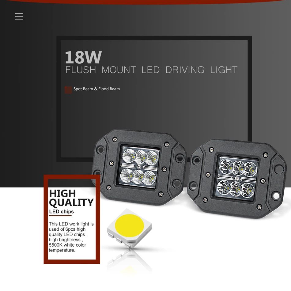Светодиодный рабочий светильник 18 Вт 2 шт. дальнего света для внедорожников