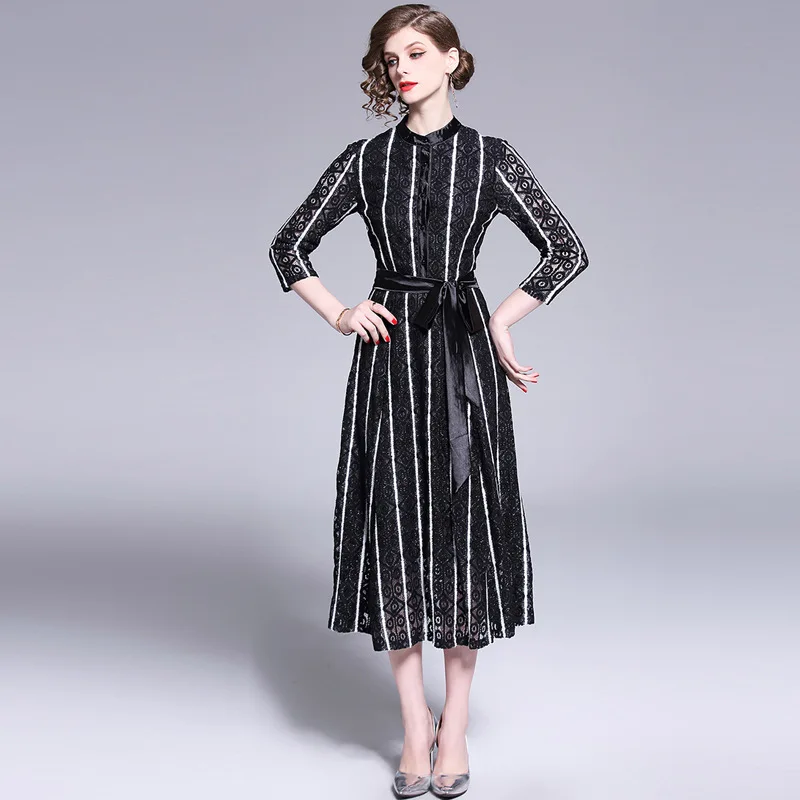 Женское платье Весна 2019 Новый стенд воротник укороченные платья рукава черный
