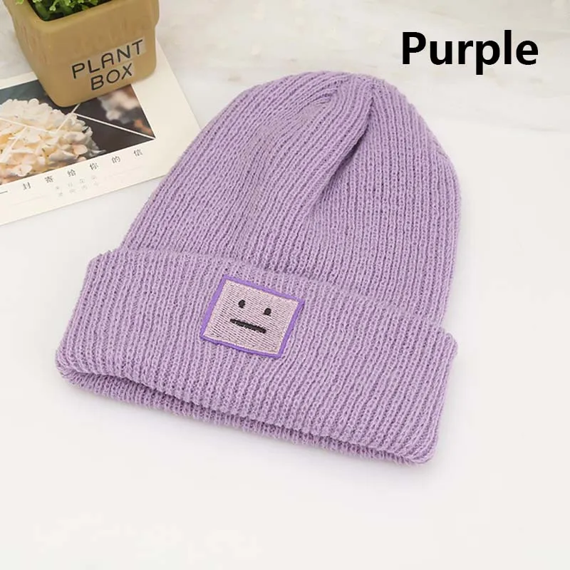 Purple Корейская НОВАЯ шапка осень-зима, модная теплая вязаная шапка в британском стиле, Повседневная вязаная шапка со смайликом для женщин, уличные головные уборы - Цвет: Purple