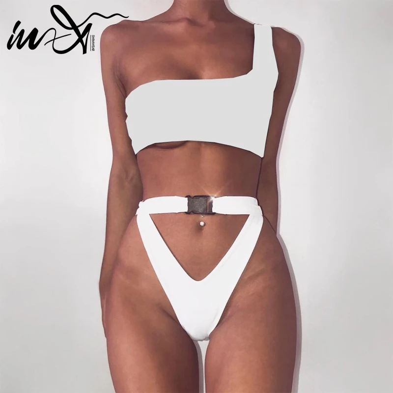 Бикини In X с одним плечом бикини высоким вырезом 2019 купальник бандо пряжкой для