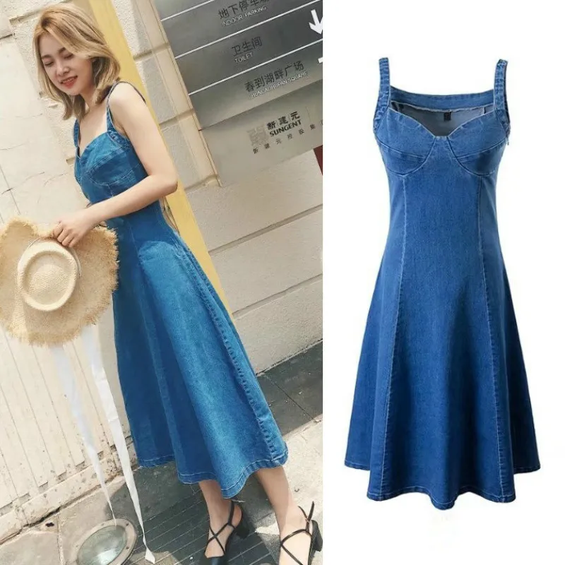 Женское джинсовое платье без бретелек облегающее винтажное на тонких бретельках