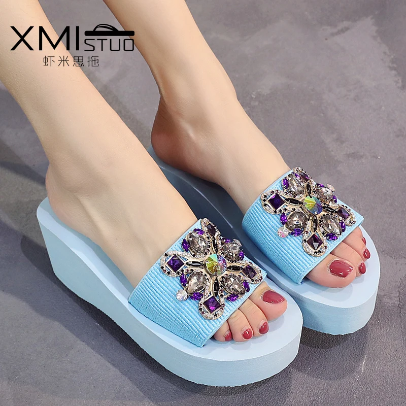 Сандалии стразы женские на высокой платформе босоножки с узором танкетка
