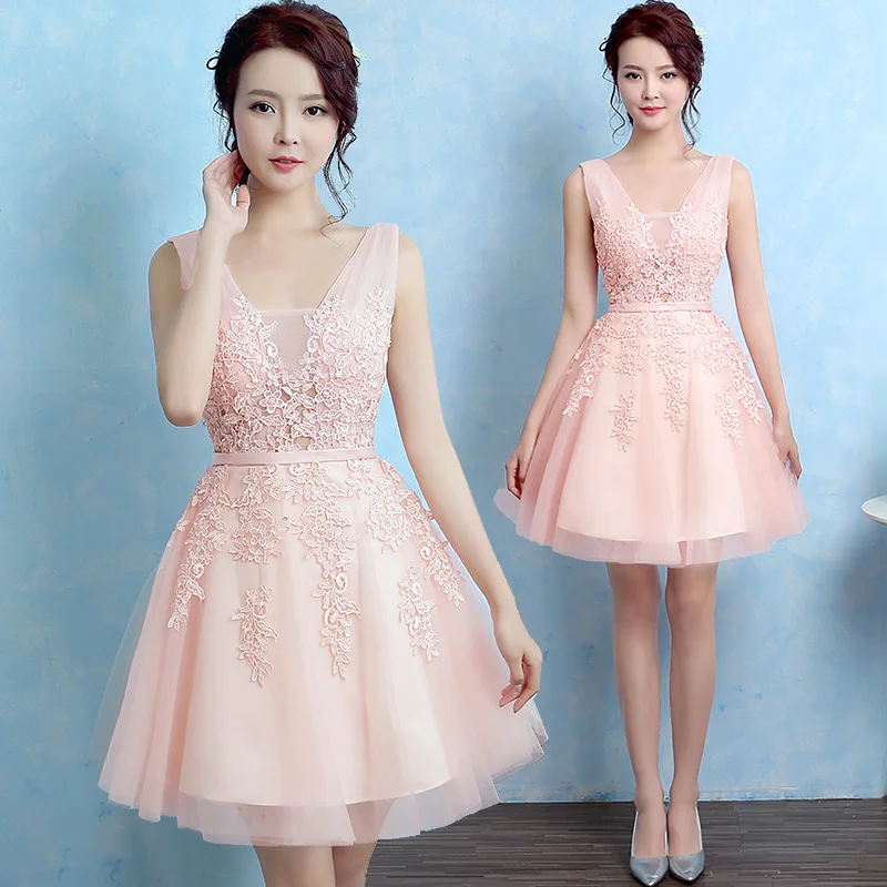 Robe De Soiree Новое короткое Кружевное Розовое платье подружки невесты без рукавов с v-образным вырезом милое платье размера плюс Омбре вечерние платья для выпускного вечера