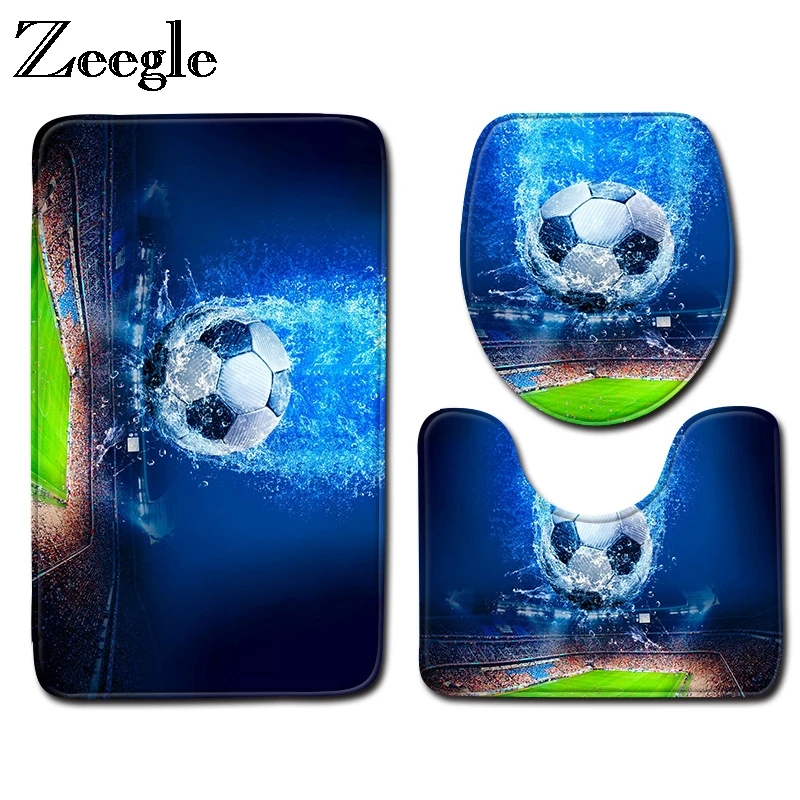 

3pcs Bathroom Mat Set Football Pattern Bath Mats Set Microfiber Bathroom Carpets Toilet Rug Sets Anti-slip Batthroom Floor Mats