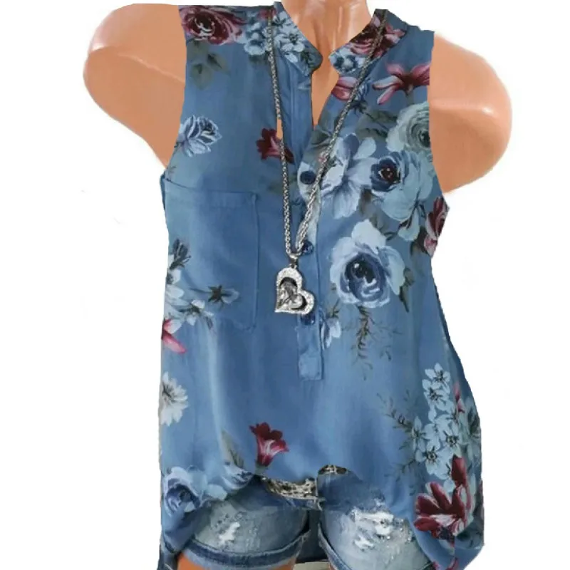 Хит, большие размеры, новая мода, летние блузки для женщин, 5XL, большой размер, без рукавов, тонкая, v-образный вырез, рубашки, сексуальные, синие, элегантные, для работы, блузка для девушек