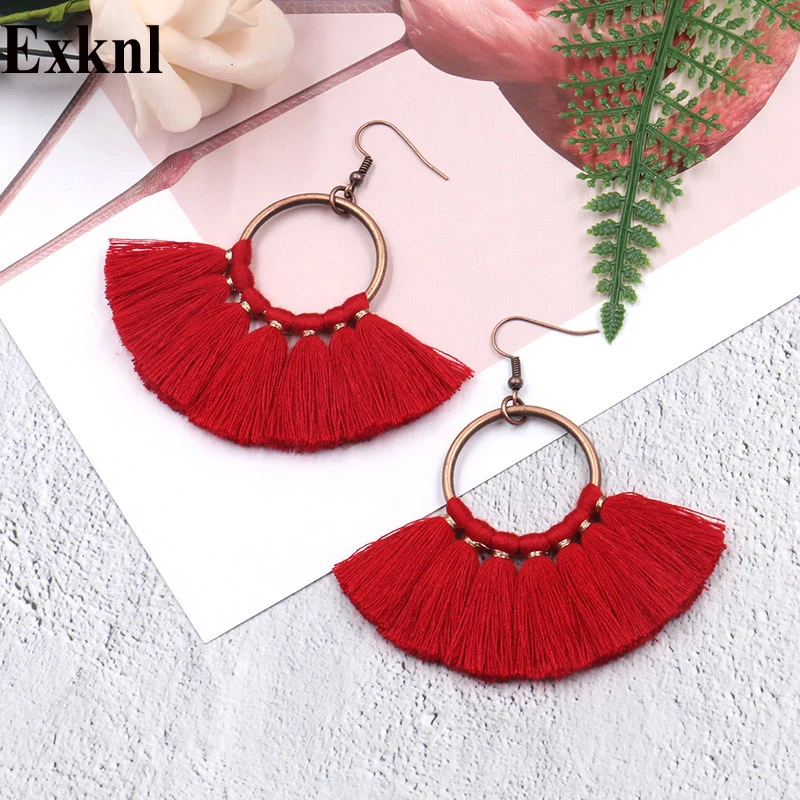 

Exknl Long Vintage Fringed Drop Tassel Earrings Women Bohemian Round Big Earrings Ethnic Party Dangle Earrings Fashion Jewelry