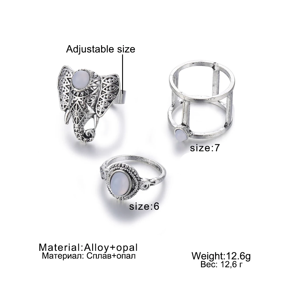 

KISSWIFE 3Pcs/Set Fashion Vintage Silver Color Opals Elephant Ring Set Women Bohemia Carving Rings A Direct Sale