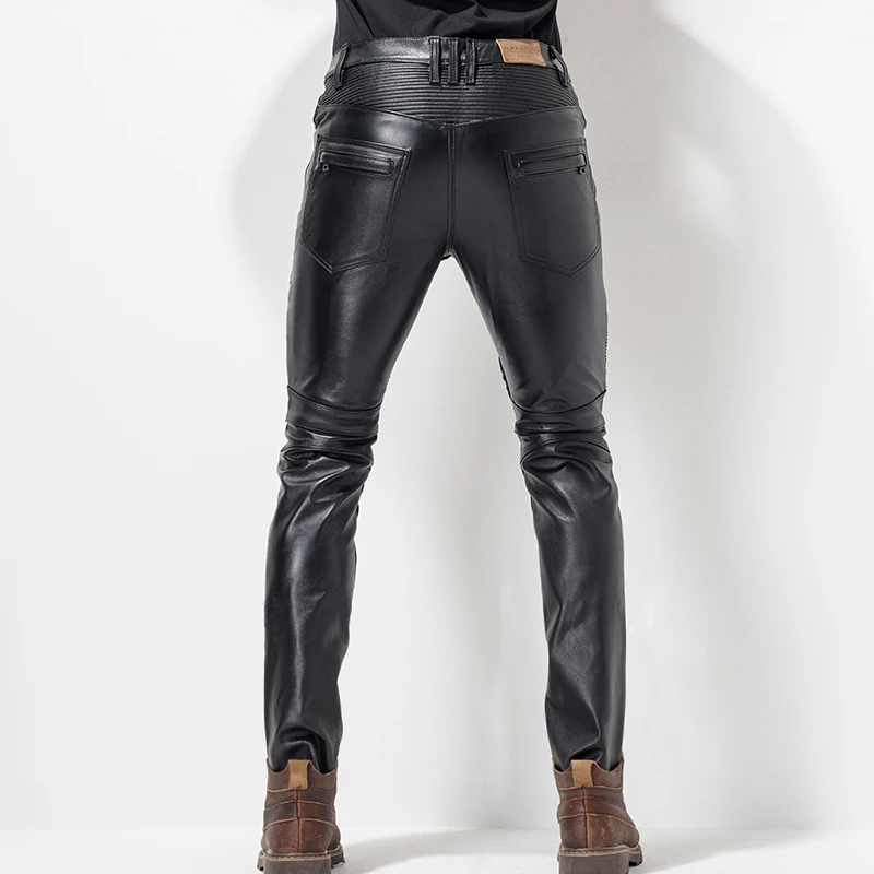 Windproof Thicken Winter New Mens Slim Pants Genuine Leather Cow Male Fashion Zipper High Quality Brand Pants Plus Size 36