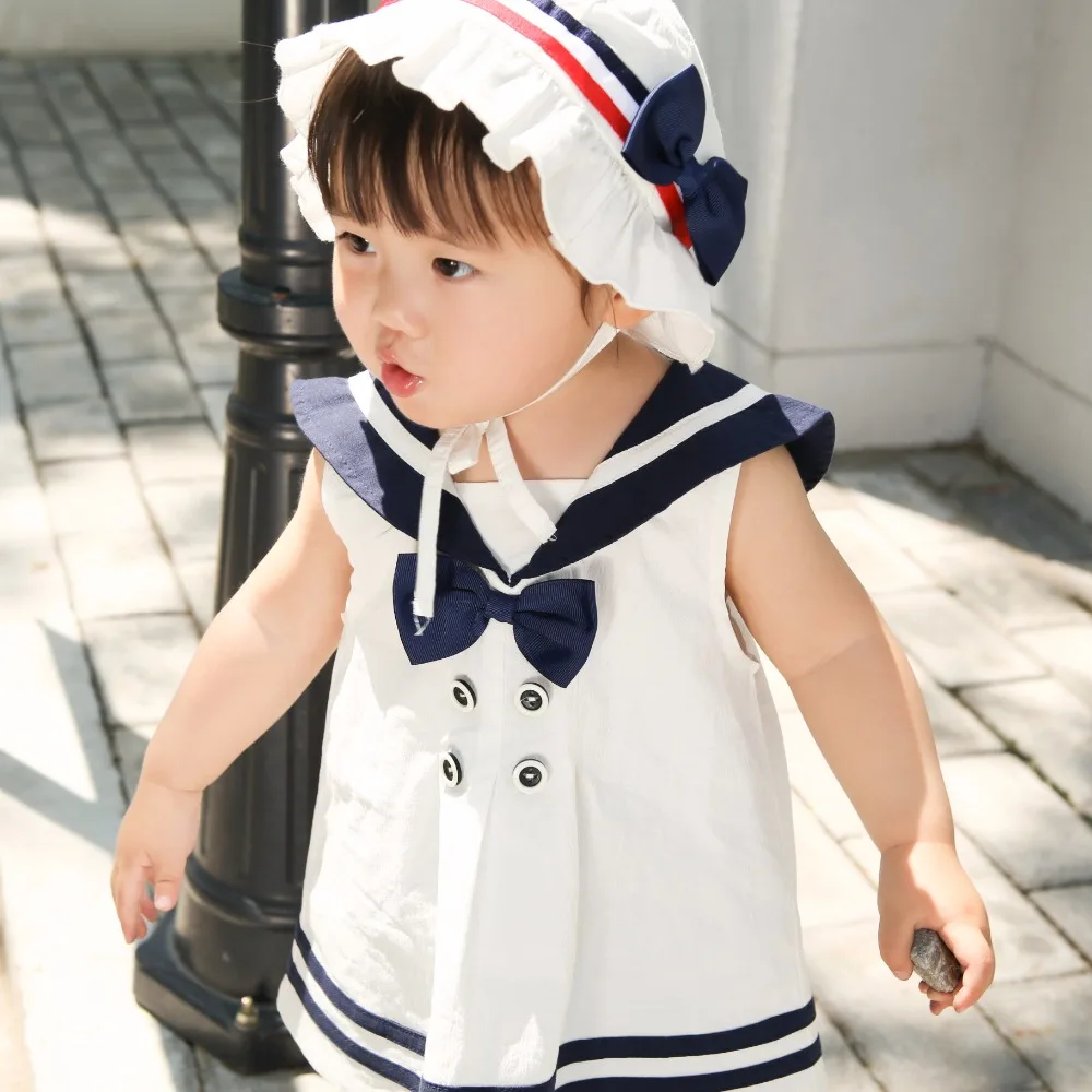 

Summer Navy Style Girl Dress + Hat 2pcs Baby Sailor Cotton Clothes toddler Cute princess Dress Children bow collar mini dresses
