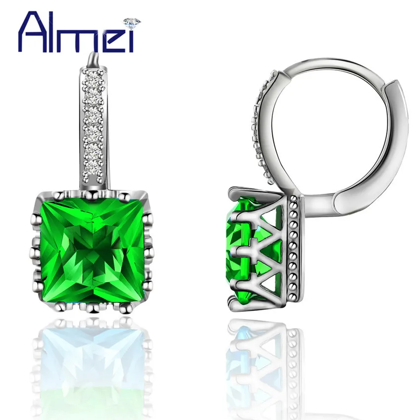 Almei 15% скидка милые модные серебряные квадратные серьги для женщин Brincos зеленый синий кристалл Цвет Красочные Ювелирные серьги BME169