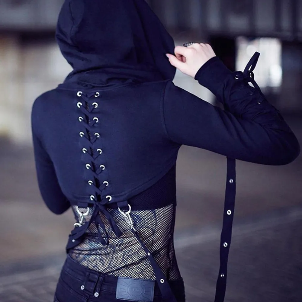 Готический Бандаж с капюшоном толстовки женские осенние черные отверстия
