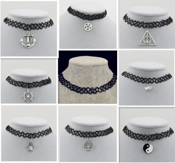 Женское колье чокер с татуировками черное винтажное ожерелье золотого цвета из