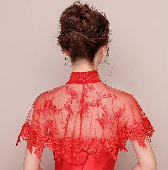 Cheongsam с высоким горлом, черный, красный, цвета слоновой кости, свадебное платье, женская шаль, накидка, болеро, кружевная, вечерняя, свадебная накидка, накидка