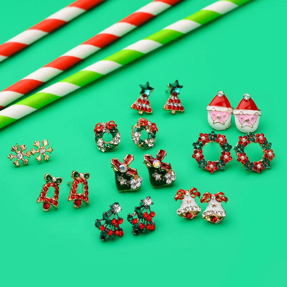 New Christmas Color Tree Snowflake Round Stud Earring for Girl Kid Bell Santa Claus Ear Cuff Earrings Festive Gift Jewelry | Украшения и