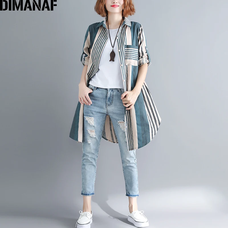 DIMANAF, женская блузка, рубашка размера плюс, хлопок, женская одежда, свободная, в полоску, зеленый, длинный рукав, кардиган с поясом, осень