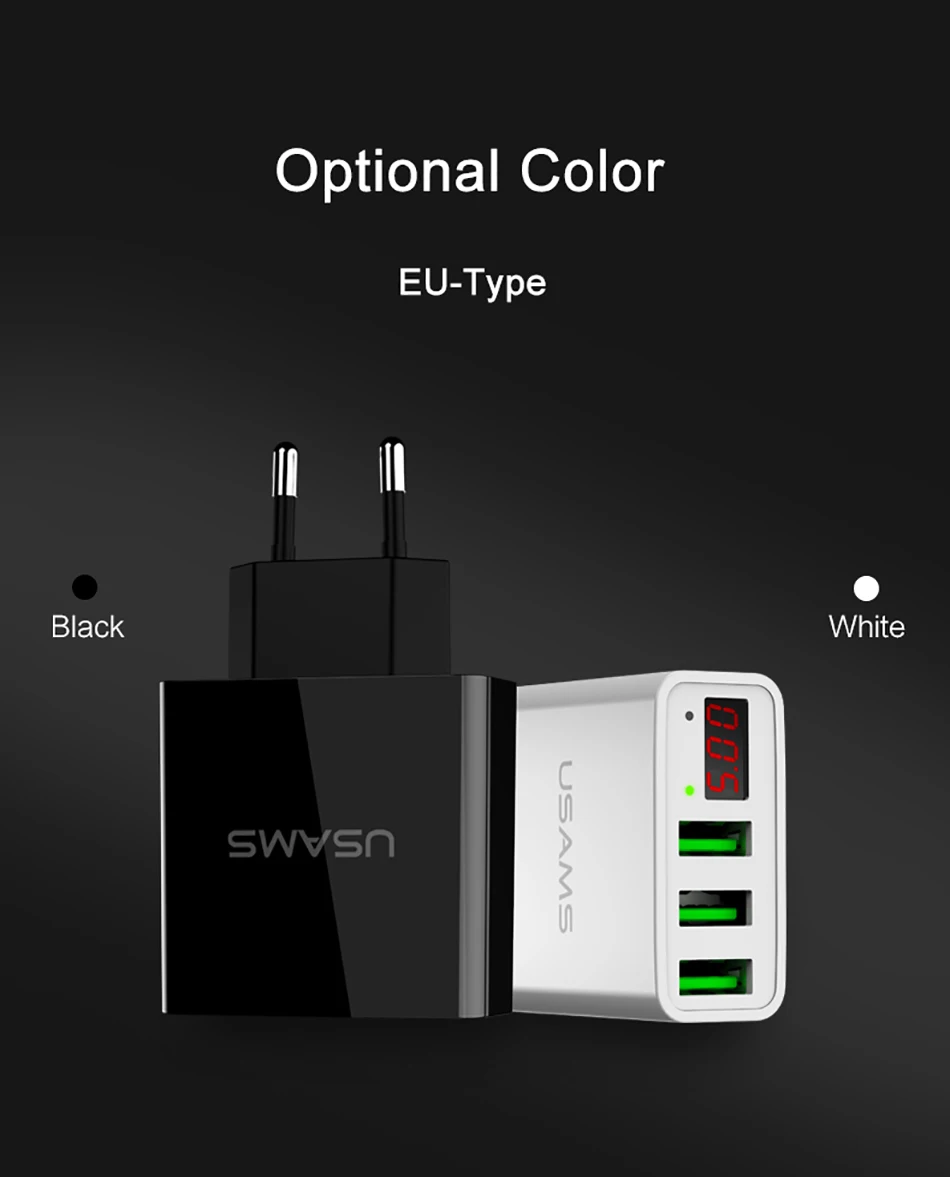 Светодиодный дисплей 3 USB зарядное устройство, USAMS Универсальное зарядное устройство для мобильного телефона Max 3A EU US настенное зарядное устройство для iPhone 7 8 X samsung Xiaomi зарядное устройство