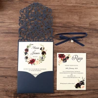 50pcs navy blue new arrival laser cut wedding invitations with pearl ribbonrsvp cardcustomizable