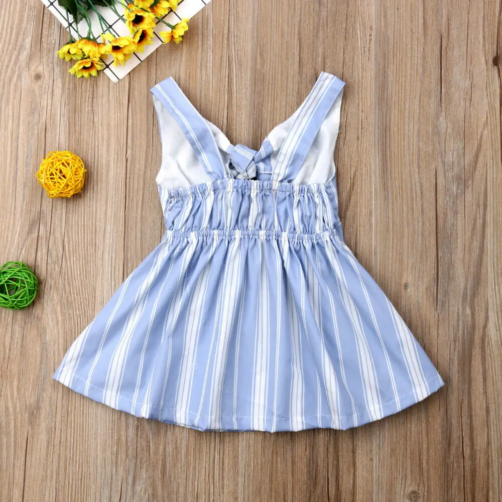 Toddler Kids Baby Girl Casual Clothes Sleeveless Button O-Neck 2019 New Brand Striped Bow-knot Party Dress Sundress | Детская одежда и