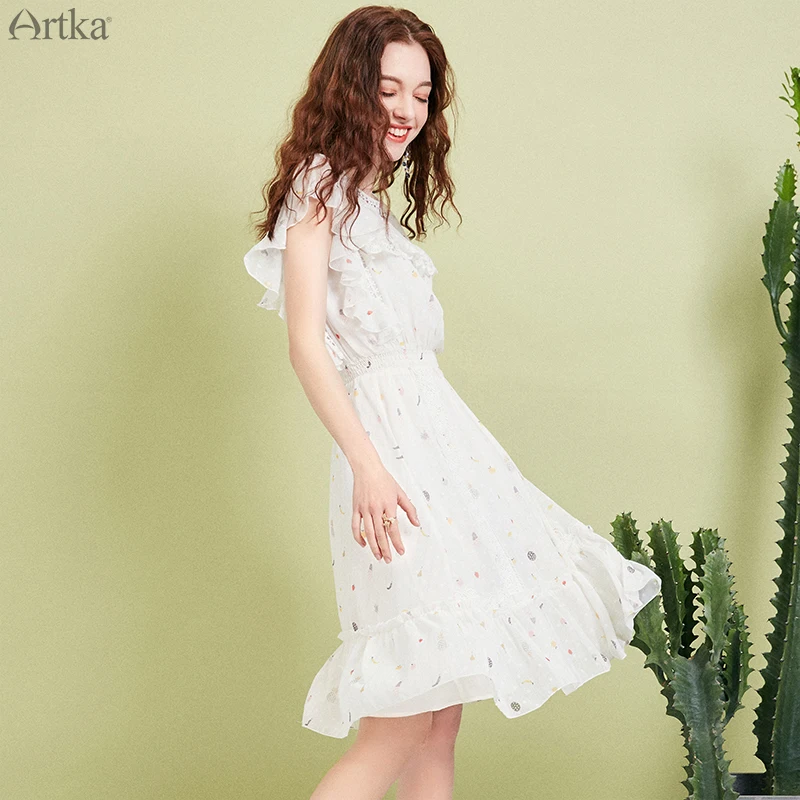 ARTKA, летнее женское платье, элегантное, с оборками, рукав, эластичная талия, платье для женщин, фруктовый принт, полые кружевные платья LA15499X
