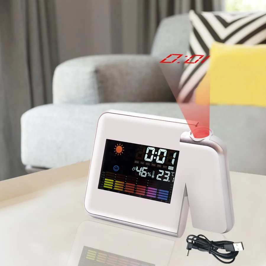 White with USB cable Цифровой ЖК-дисплей проекция светодиодный дисплей Будильник Погода Повтор Функция температура термометр Влажность настольные часы электронные часы настольные проектор часы с проекцией проектором радио часы с будильнико - Цвет: White with USB cable