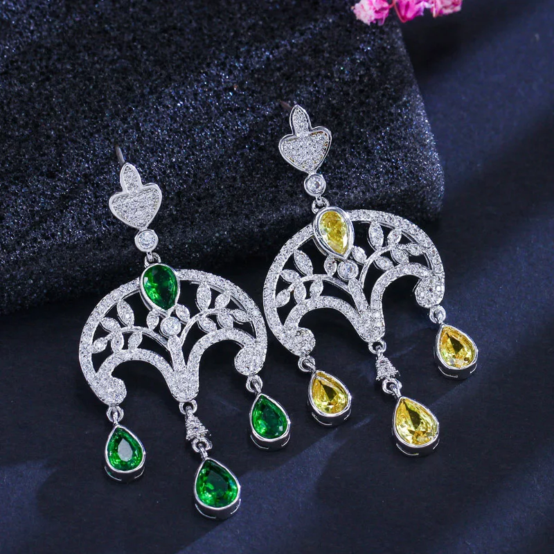 ANGELCZ Vintage Party Green Cubic Zirconia Stone Silver Color Big Chandelier Drop Earrings for Women Evening Dress Jewelry AE199 | Украшения