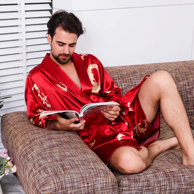 Two-piece Suit Male Silk Dressing Gown  Extra large Robe With Dragons Mens Satin Bathrobe Silk Kimono Men 21039