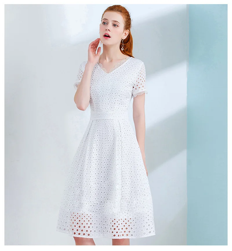 Onlyplus, S-XXL, белое кружевное Хлопковое платье с коротким рукавом, кружевные открытые платья для женщин,, тонкие элегантные вечерние платья в горошек