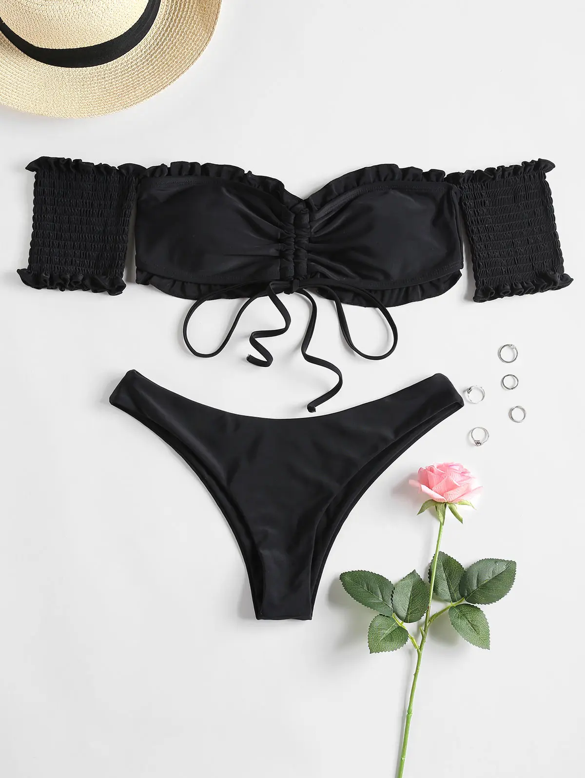 Black ZAFUL Cinched бикини Женская купальная одежда Тонг бикини набор сексуальный купальник летняя пляжная одежда с открытыми плечами купальный костюм бразильское бикини - Цвет: Black