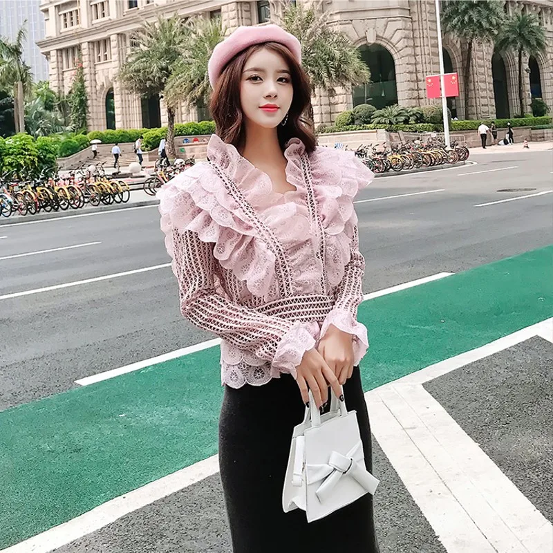 Женские блузки с рюшами Elegante однотонные кружевные топы расклешенными рукавами