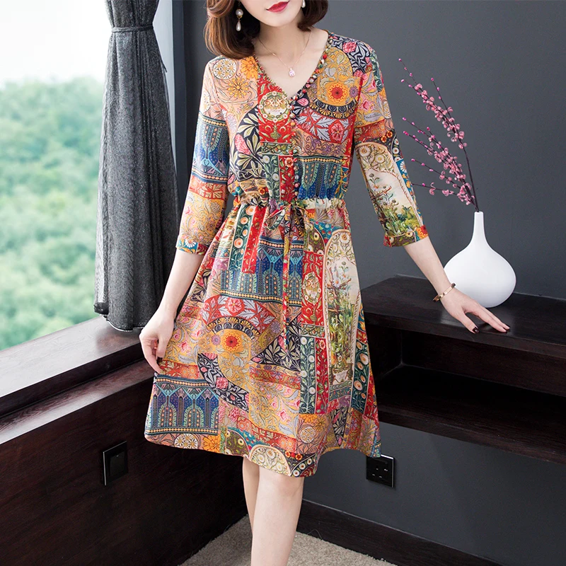 Платья из натурального шелка Новинка лета 2019 винтажное платье трапециевидной