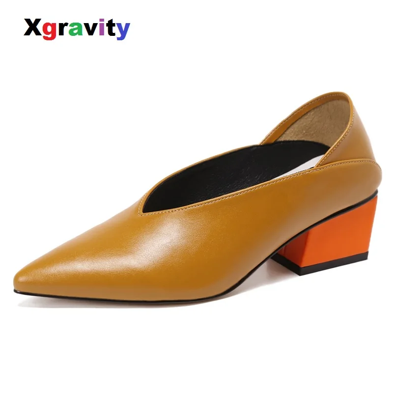 

XGRAVITY Vintage Genuine Leather Chunky Mix Color Mid-Heeled Hot Women Shoes Pointed Toe Dress Sexy V Design Retro Female Shoes