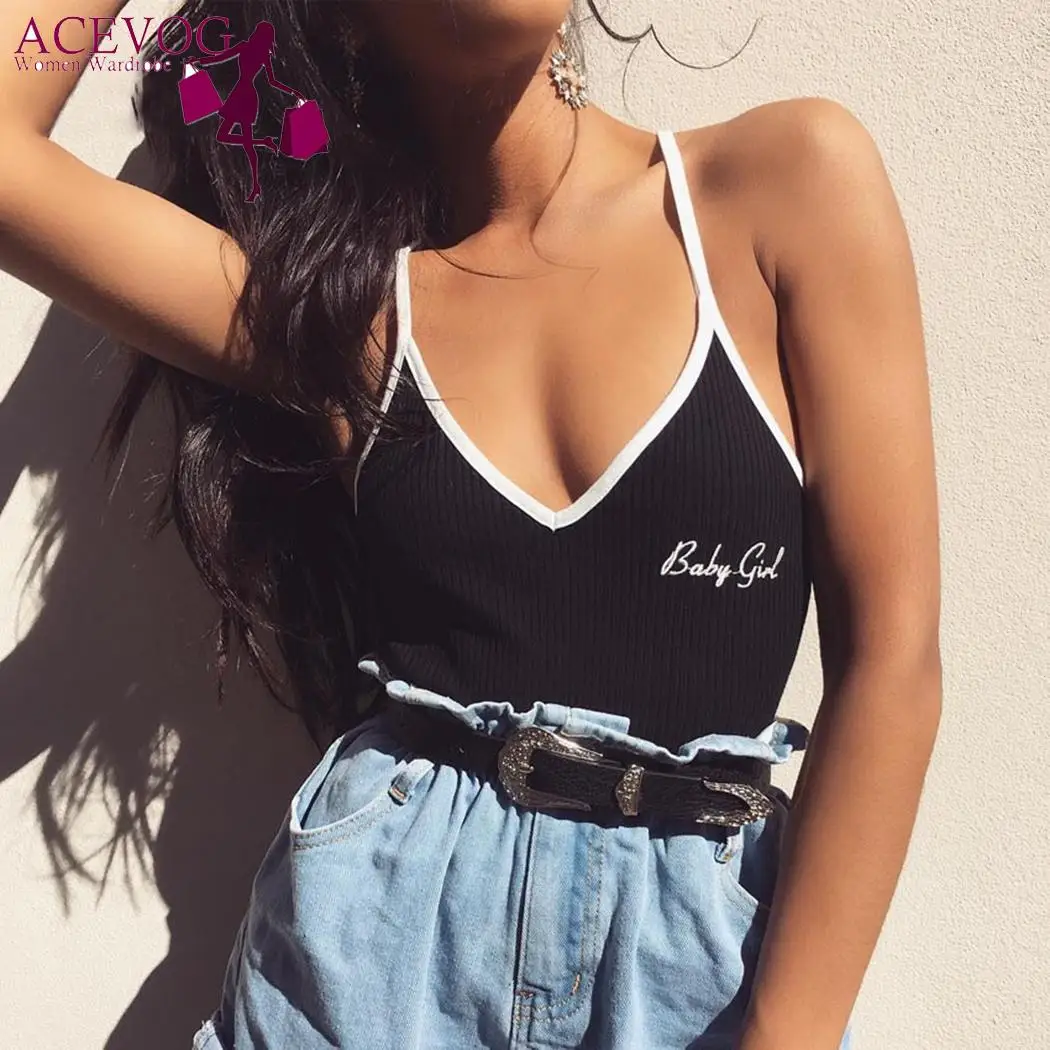 Letter Casual Sexy V-Neck Spaghetti Strap Women Print Embroidery Slim Bodysuits | Женская одежда