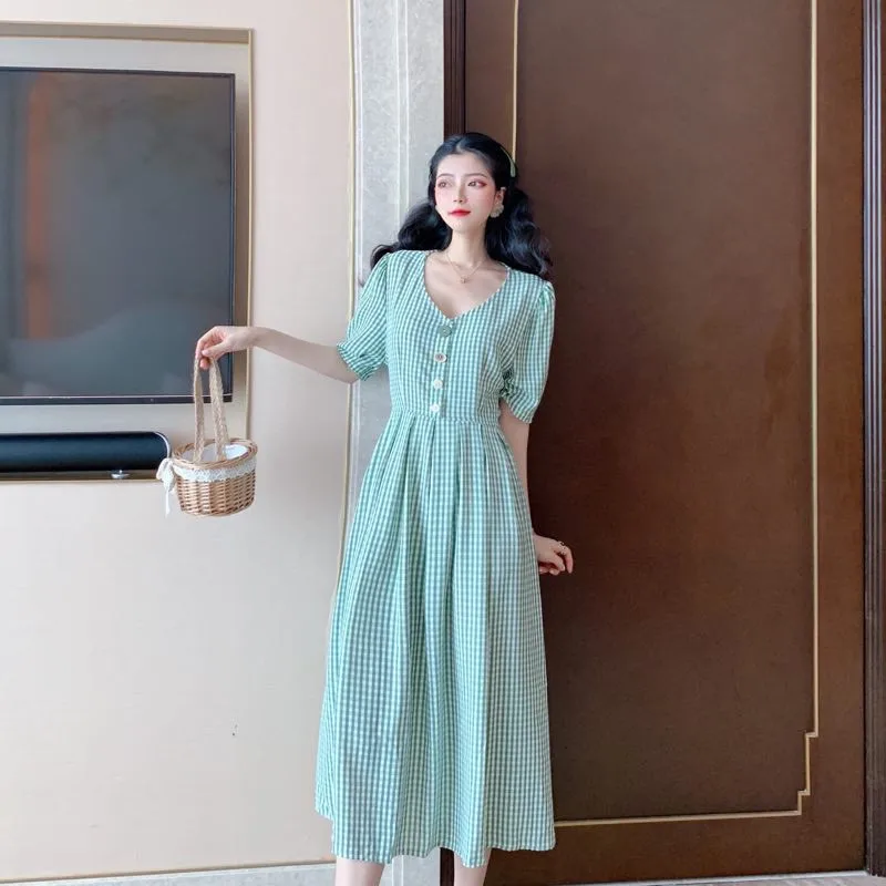 Французский Ретро с v-образным вырезом коротким рукавом на талии над клетчатым