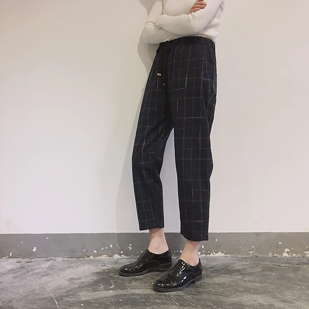 Женские свободные брюки в клетку брюки-шаровары до щиколотки с высокой талией и