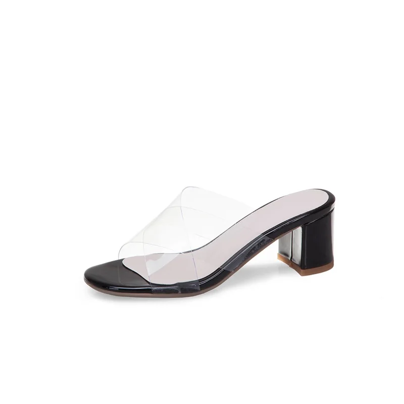 black ASUMER/Большие размеры 33-46, новинка года, женские босоножки без шнуровки, летние туфли с открытым носком, прозрачные женские модельные туфли на высоком квадратном каблуке - Цвет: black