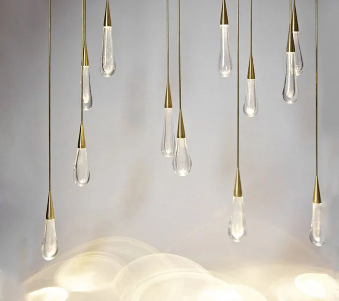 Lámpara colgante de cristal con forma de gota de agua dorada, lámparas LED de lujo de estilo europeo, iluminación interior de cristal moderna para restaurante